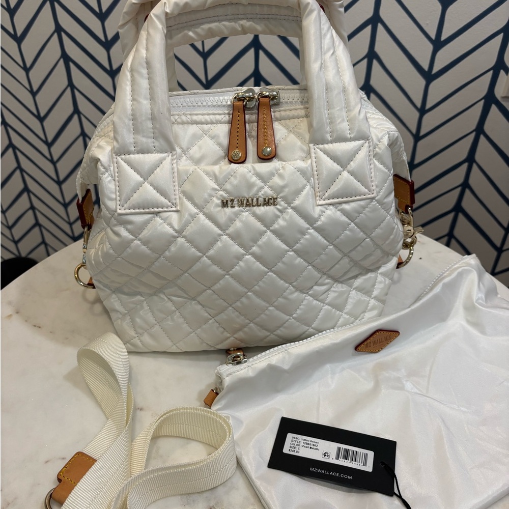 MZ Wallace White Quartz Pearl Quilted Bag - Top Handle w/Crossbody Strap & Pouch